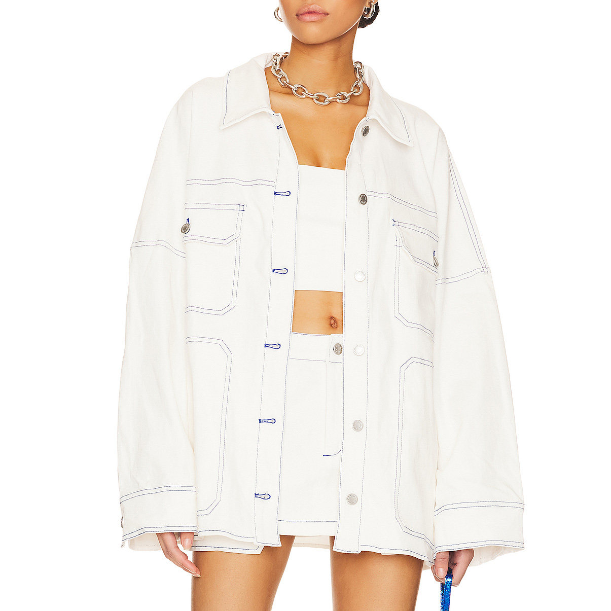 FASHION WOMEN CUSTOMIZED STYLE CONTRAST STITCHING WHITE DENIM OVERSIZED JACKETS COATS